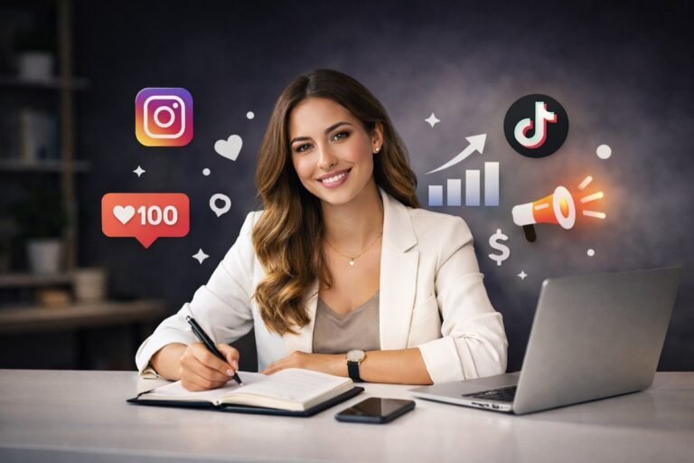 Influencer con una computadora escribiendo
