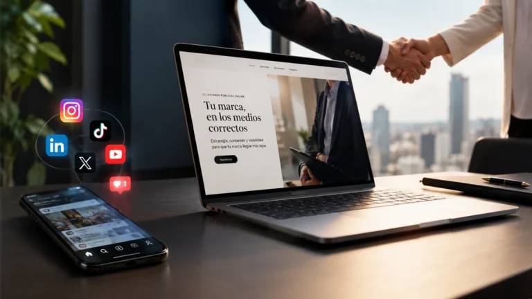 Web propia para influencers en una laptop, celular con redes sociales y apretón de manos con una marca