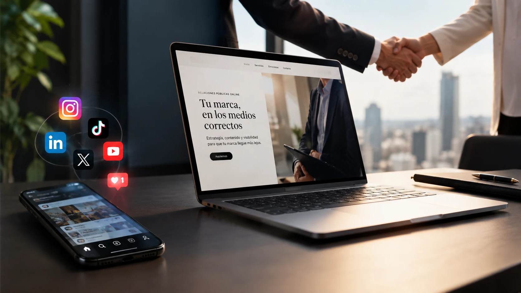 Web propia para influencers en una laptop, celular con redes sociales y apretón de manos con una marca